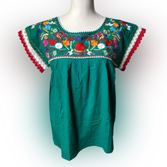 YZXDORWJ Mexican Embroidered Lace Traditional Colorful Blouse Tricolor Top NWT - Picture 9 of 10